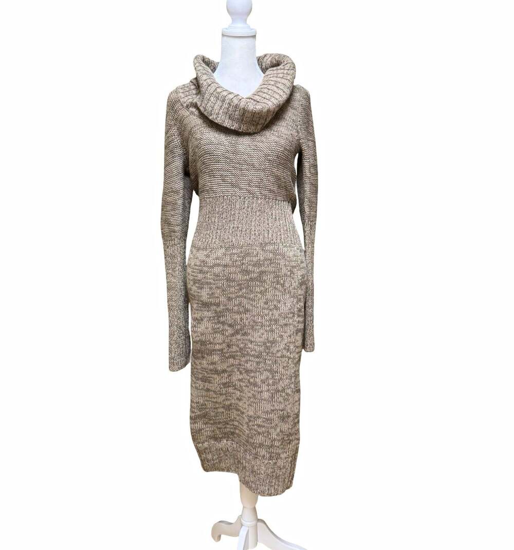 MODA International Beige Marled Knit Cowl Neck Sweater Dress Midi Long Sleeve M